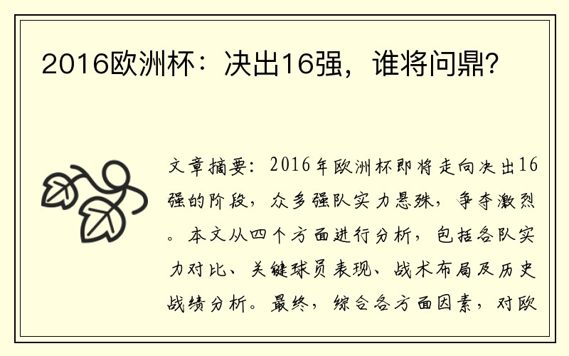 2016欧洲杯：决出16强，谁将问鼎？