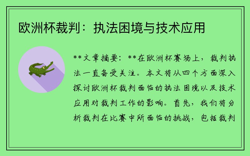 欧洲杯裁判：执法困境与技术应用