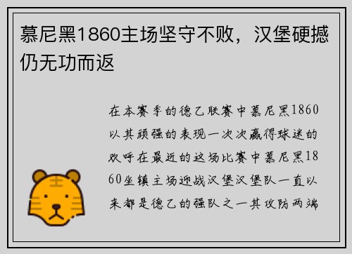 慕尼黑1860主场坚守不败，汉堡硬撼仍无功而返