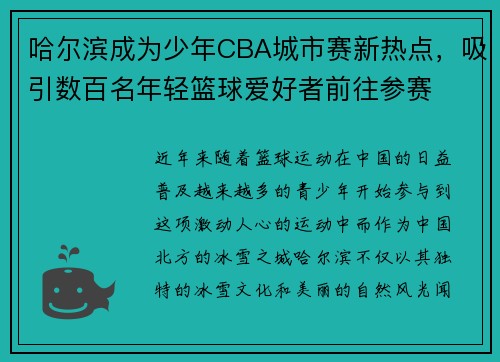 哈尔滨成为少年CBA城市赛新热点，吸引数百名年轻篮球爱好者前往参赛